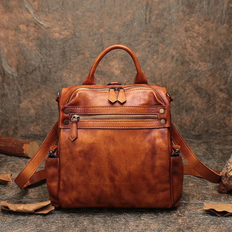 Vintage Coffee Leather Rucksack Bag Womens School Backpack Ladies Leather Backpack Purses