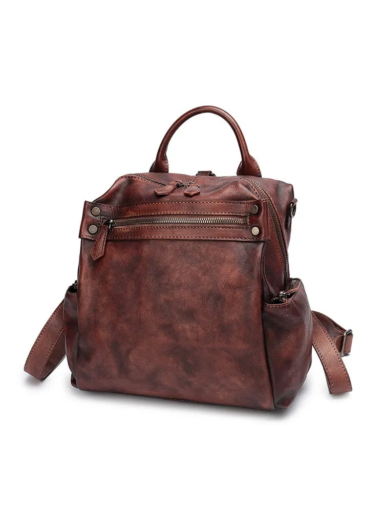 Vintage Coffee Leather Rucksack Bag Womens School Backpack Ladies Leather Backpack Purses