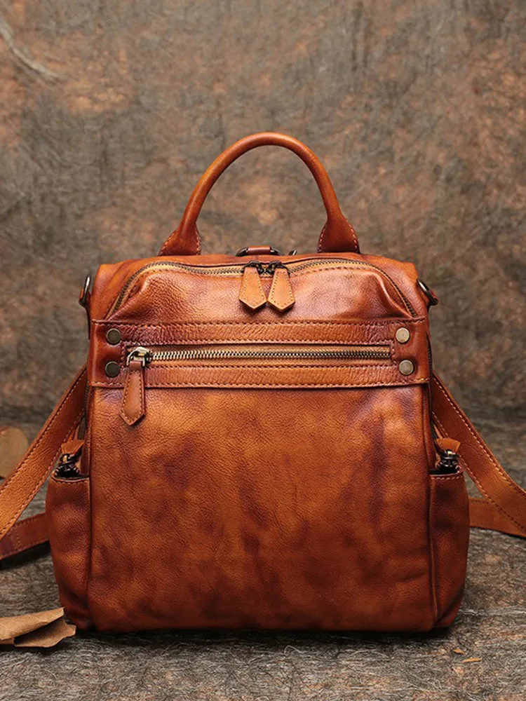 Vintage Coffee Leather Rucksack Bag Womens School Backpack Ladies Leather Backpack Purses