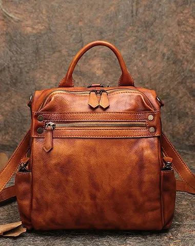 Vintage Coffee Leather Rucksack Bag Womens School Backpack Ladies Leather Backpack Purses