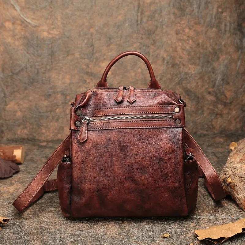 Vintage Coffee Leather Rucksack Bag Womens School Backpack Ladies Leather Backpack Purses