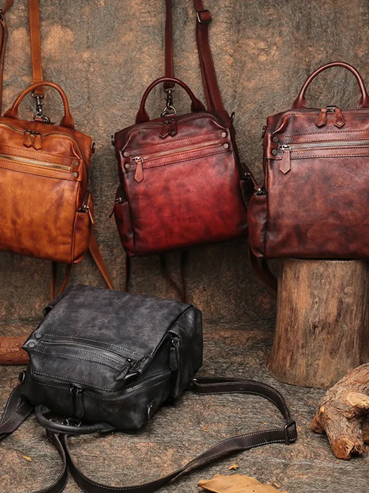 Vintage Coffee Leather Rucksack Bag Womens School Backpack Ladies Leather Backpack Purses