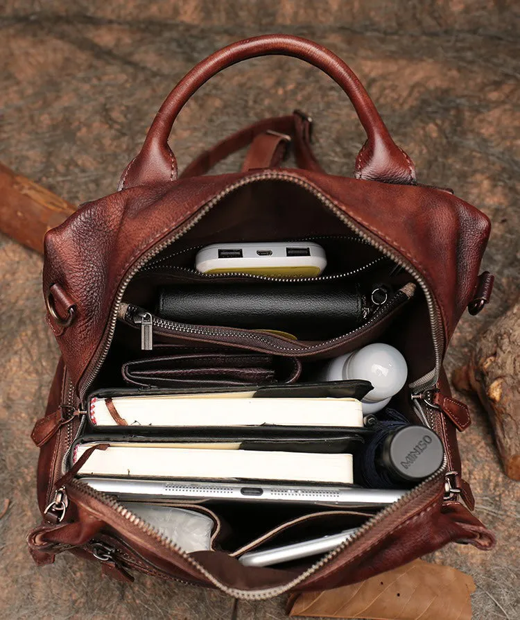 Vintage Coffee Leather Rucksack Bag Womens School Backpack Ladies Leather Backpack Purses