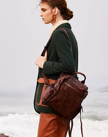 Vintage Coffee Leather Rucksack Bag Womens School Backpack Ladies Leather Backpack Purses