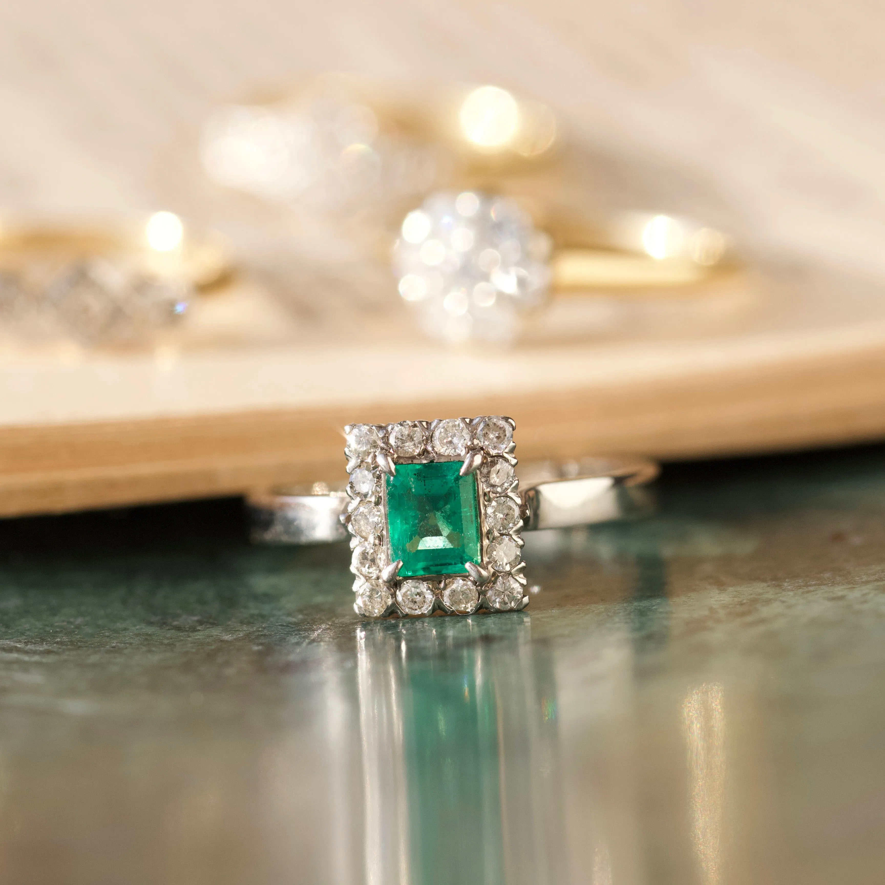Vintage Emerald and Diamond 18k White Gold Ring - UK Size O