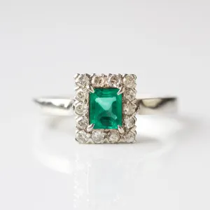 Vintage Emerald and Diamond 18k White Gold Ring - UK Size O