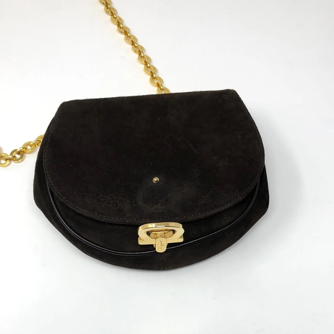 Vintage: Ferragamo Brown Suede Flap Mini Bag with Gold Hardware