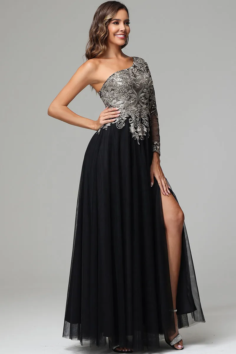 Vintage One Shoulder Long Sleeve Appliqued Tulle Long Prom Dress
