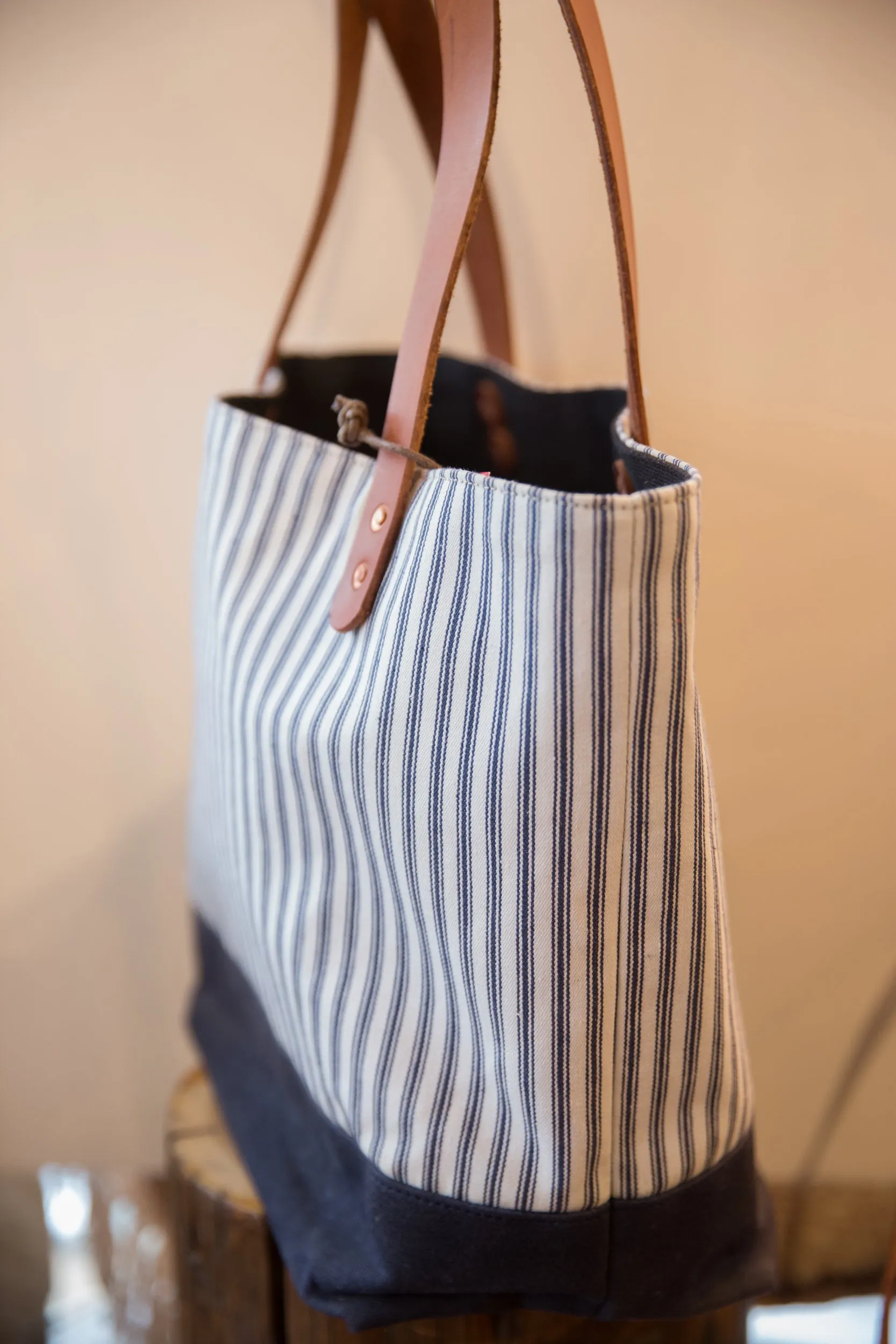 Vintage Ticking Stripe Fabric Market Tote Bag