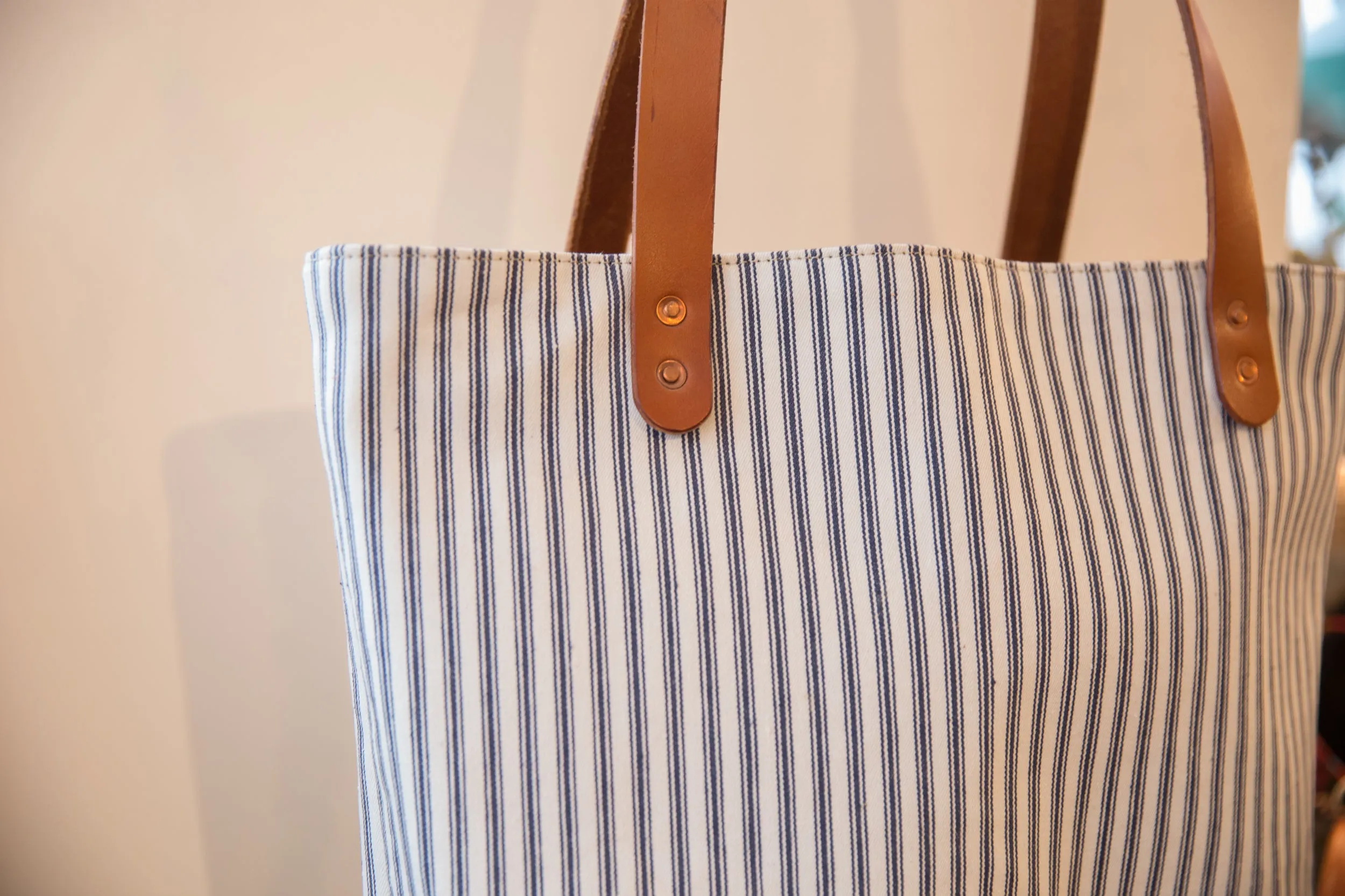 Vintage Ticking Stripe Fabric Market Tote Bag