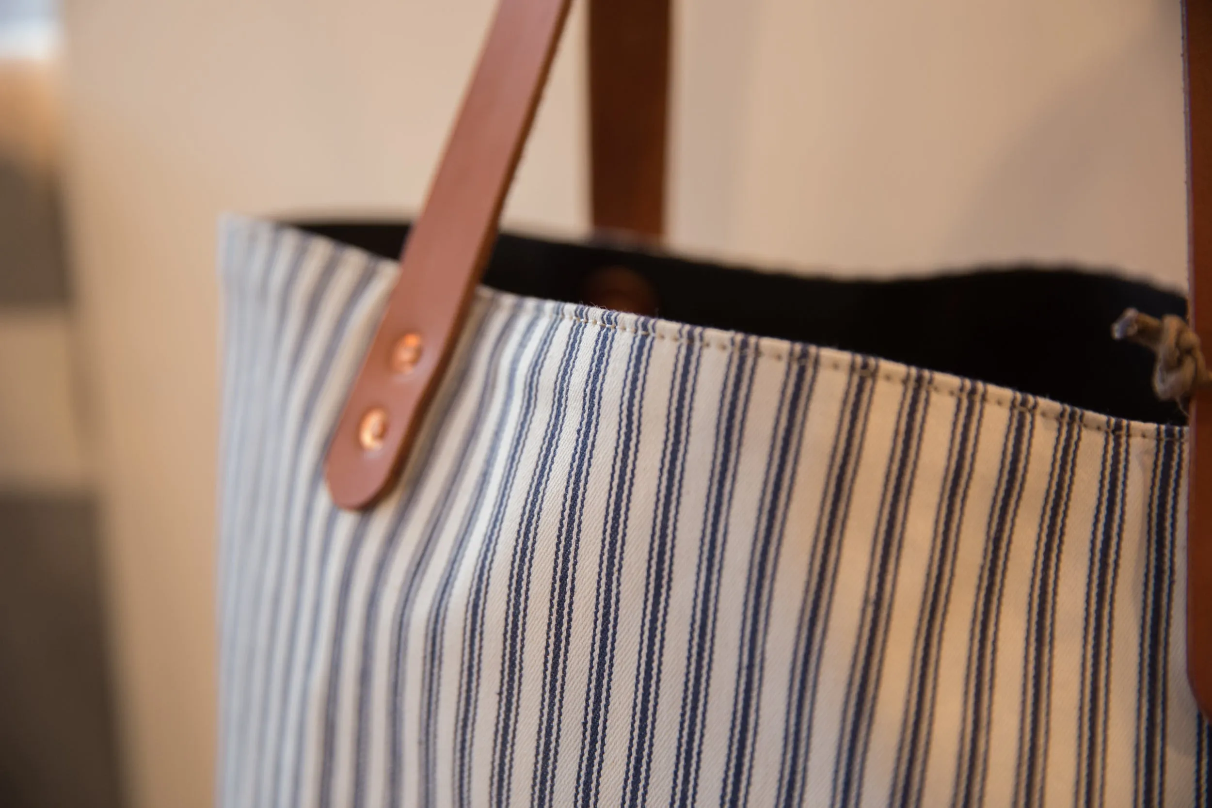 Vintage Ticking Stripe Fabric Market Tote Bag