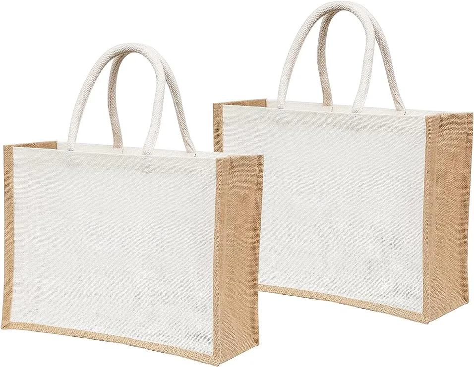 White Jute Burlap Tote Bags with Handle | 100% Natural Eco-friendly Reusable Grocery Bag | Totes for Bridesmaids|Yogi's Gift® (Pack of 2)