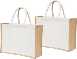 White Jute Burlap Tote Bags with Handle | 100% Natural Eco-friendly Reusable Grocery Bag | Totes for Bridesmaids|Yogi's Gift® (Pack of 2)