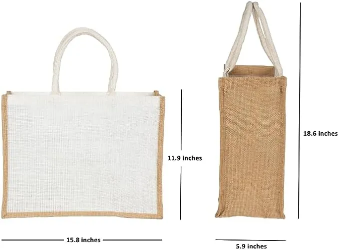 White Jute Burlap Tote Bags with Handle | 100% Natural Eco-friendly Reusable Grocery Bag | Totes for Bridesmaids|Yogi's Gift® (Pack of 2)
