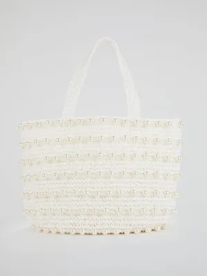 White Malibu Pearl Embellished Beach Bag