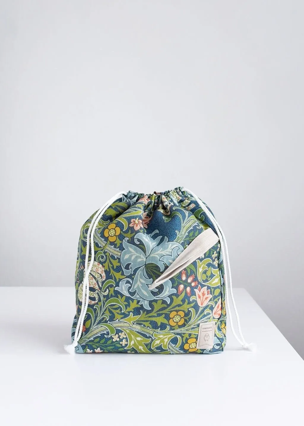 William Morris, Golden Lily print, Linen project bag, Knitting needle holder,  Knitting Project Bag. Drawstring. Size Large.