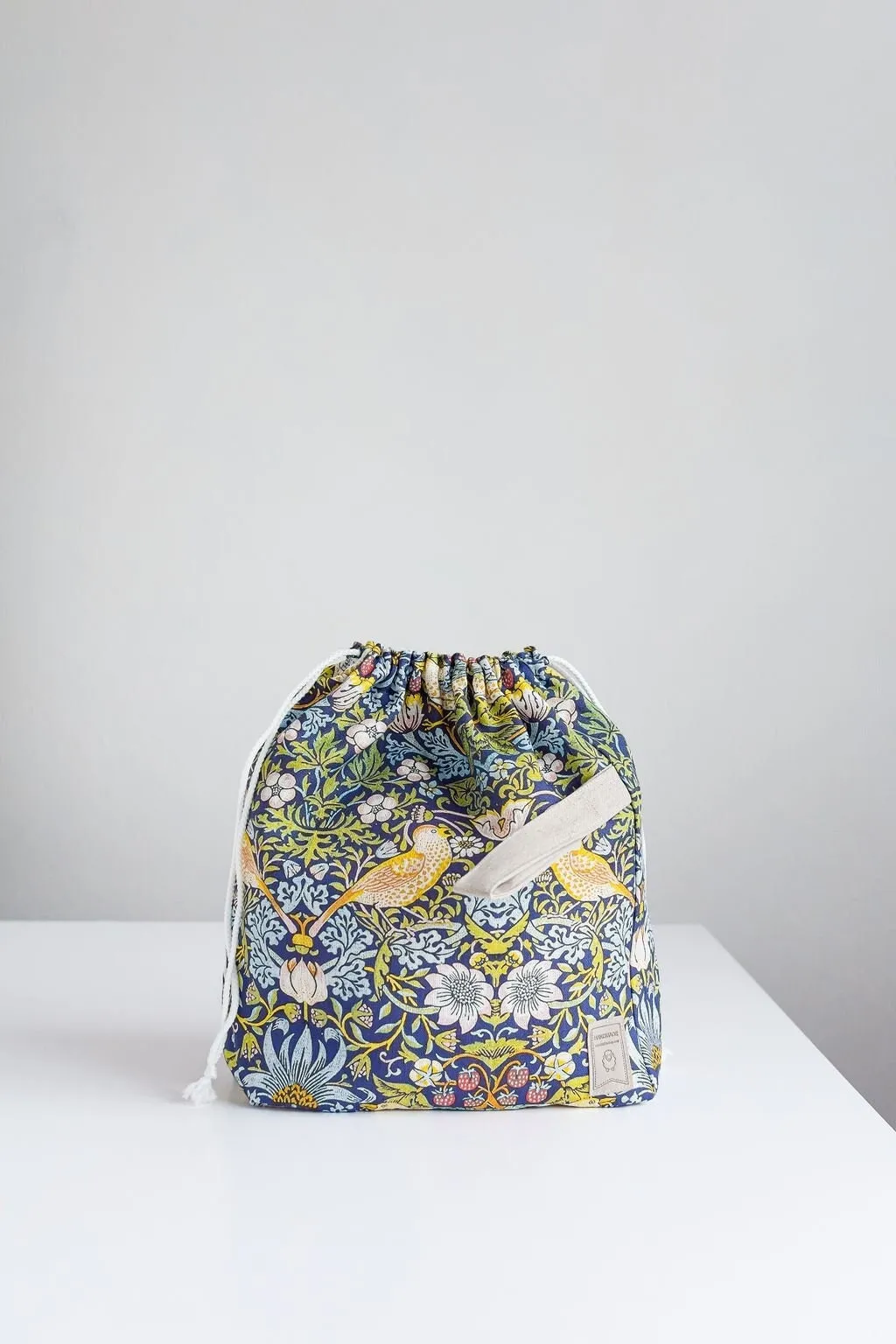 William Morris Strawberry Thief print, Linen project bag, Knitting needle holder,  Knitting Project Bag. Drawstring. Size Large.