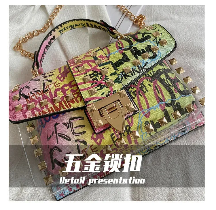 Women Studded Graffiti Crossbody Bags Fashion Shoulder Bag For Ladies High Quality