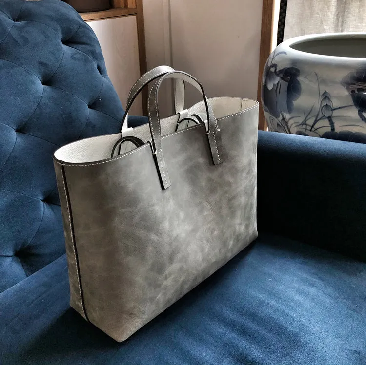 Womens Gray Leather Shoulder Tote Bags Best Tote Handbag Shopper Bags Purse for Ladies