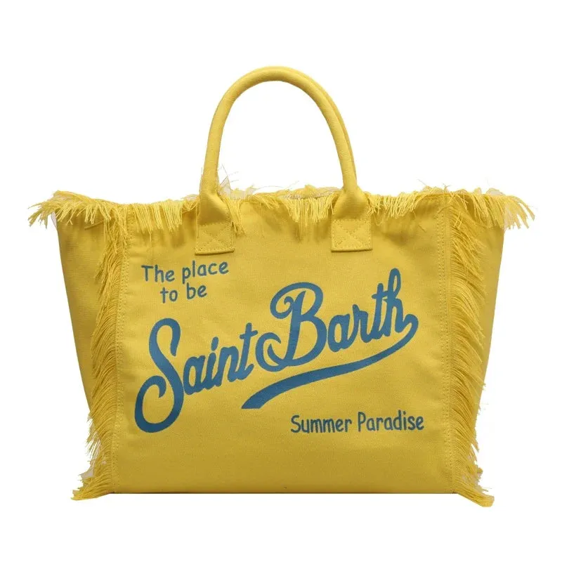 Women's Hot Selling Canvas Shoulder Bag - Solid Color with Letter Tassel & Splice Design