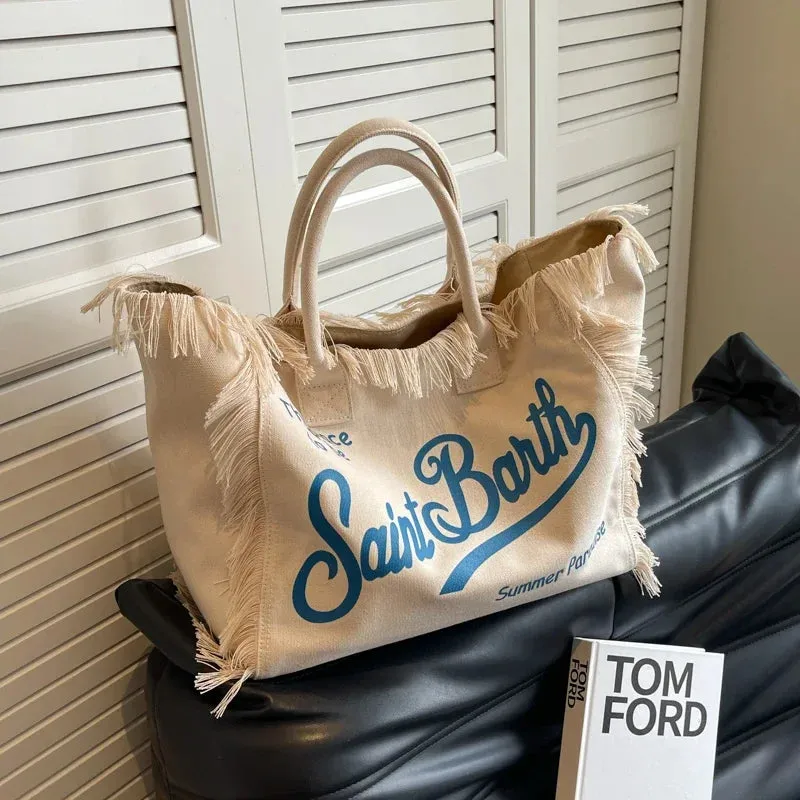 Women's Hot Selling Canvas Shoulder Bag - Solid Color with Letter Tassel & Splice Design