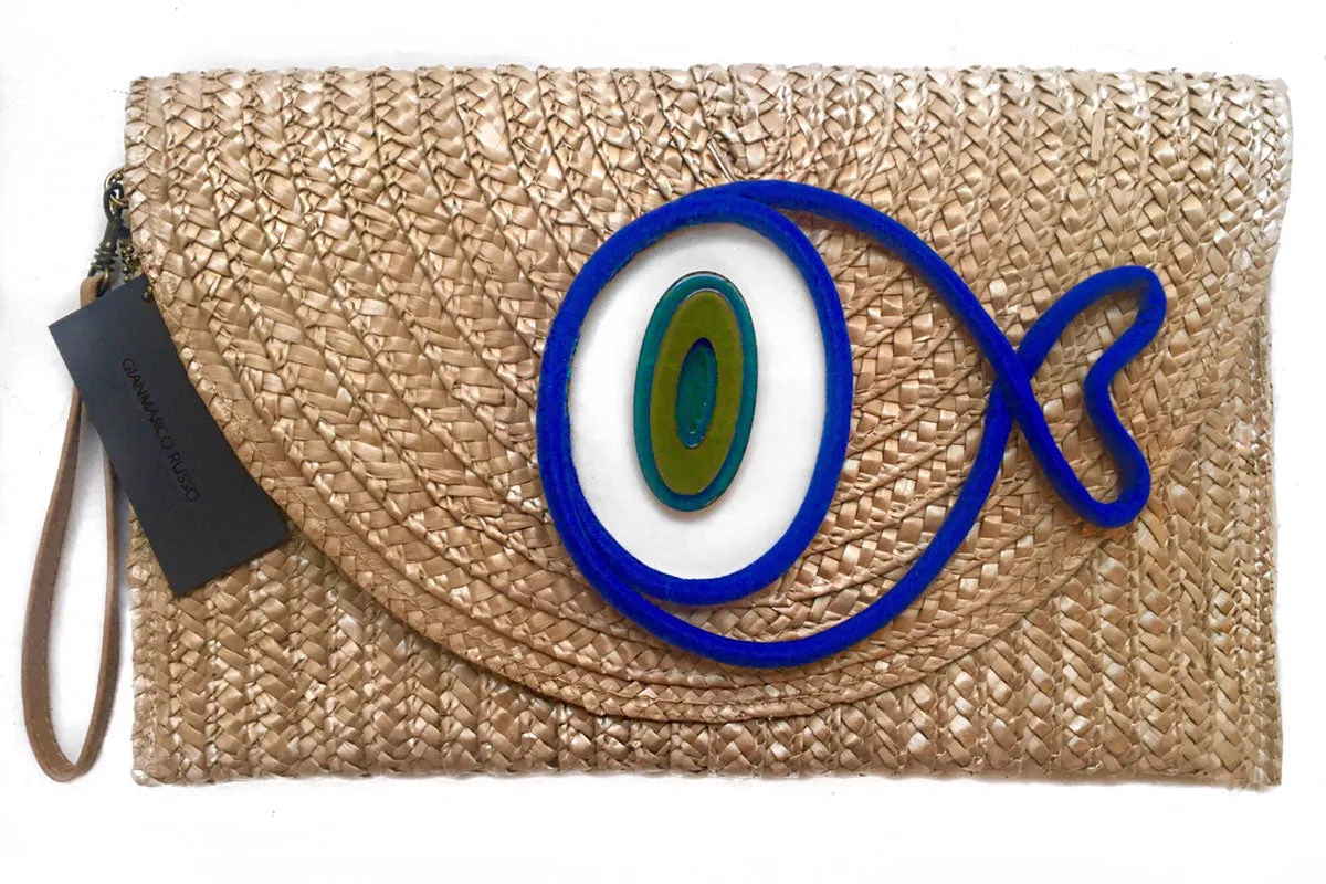 Woven straw Gold Blue Puffer Fish Maxi Clutch