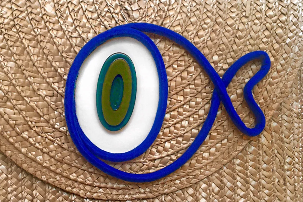 Woven straw Gold Blue Puffer Fish Maxi Clutch