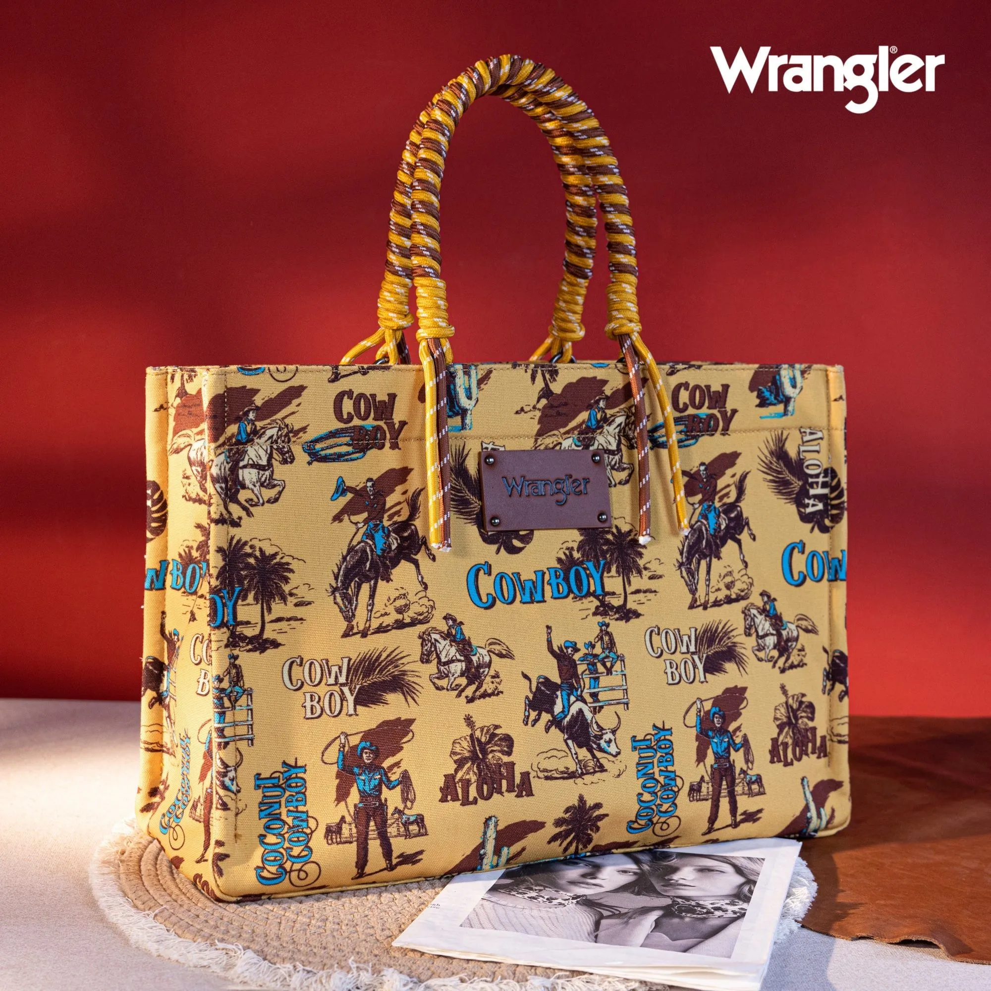 Wrangler COWBOY Dual Sided Print Canvas Wide Tote Dark Yellow