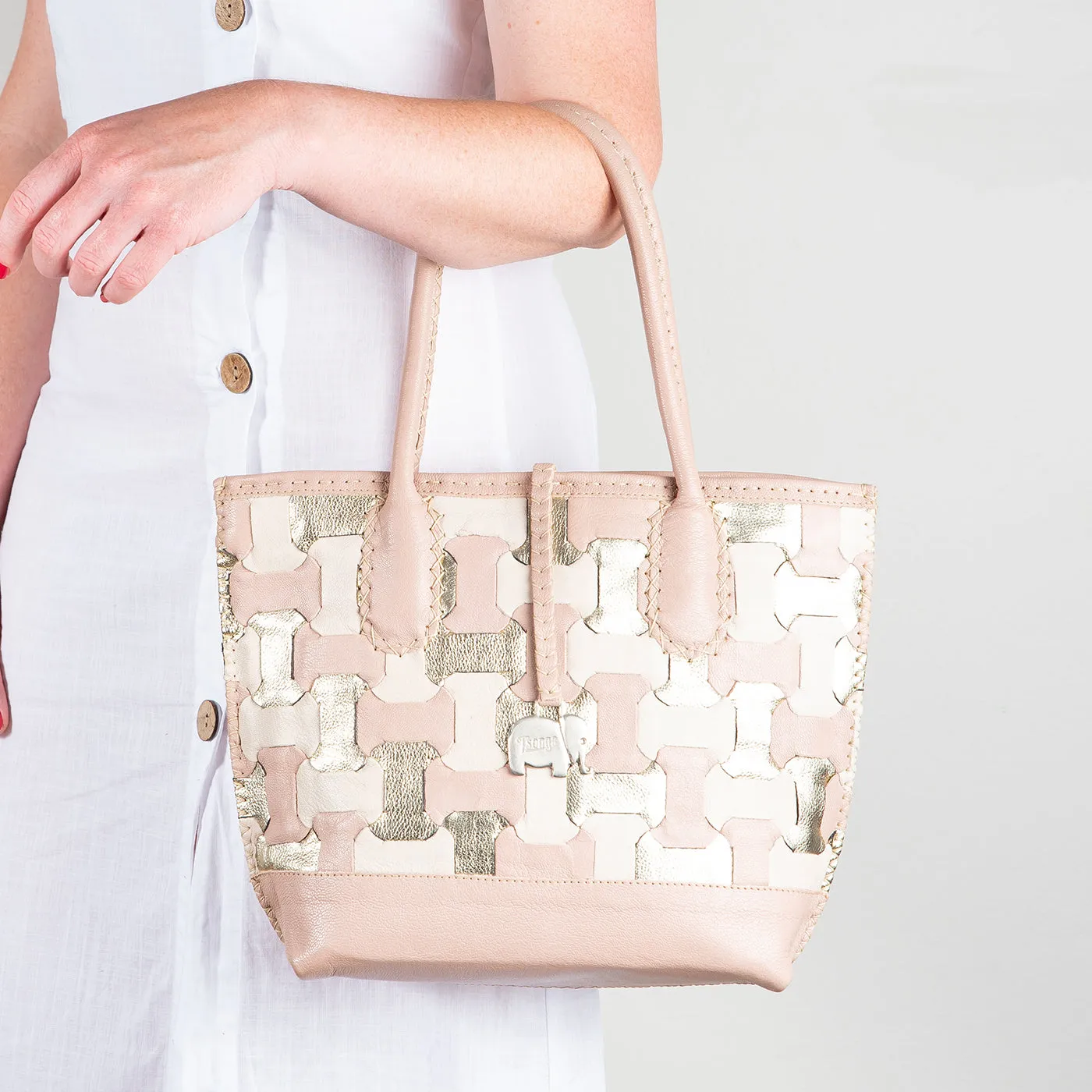 Zukisa : Ladies Leather Shopper Handbag in Cream & Rose Cayak & Platino