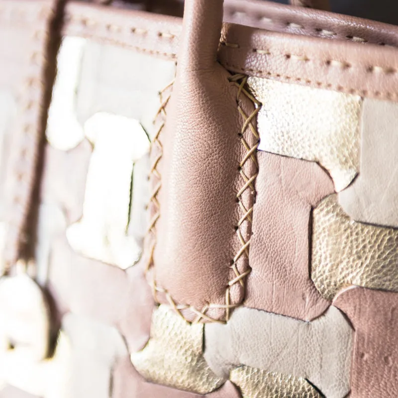 Zukisa : Ladies Leather Shopper Handbag in Cream & Rose Cayak & Platino